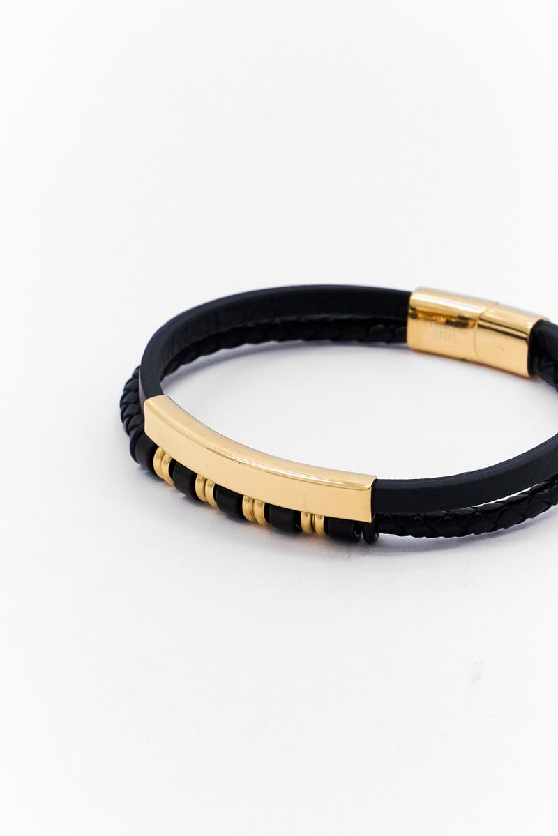 Steeltime Men Braided Leather And Plated Stainless Steel Beads Id Bracelet, Black - Image 3